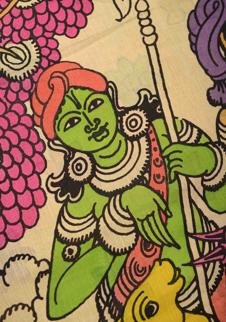 Krishna-Balraam and Pichwai Theme : Authentic Pen Kalamkari on Pure Mangalagiri Silk Cotton Saree with Zari Borders