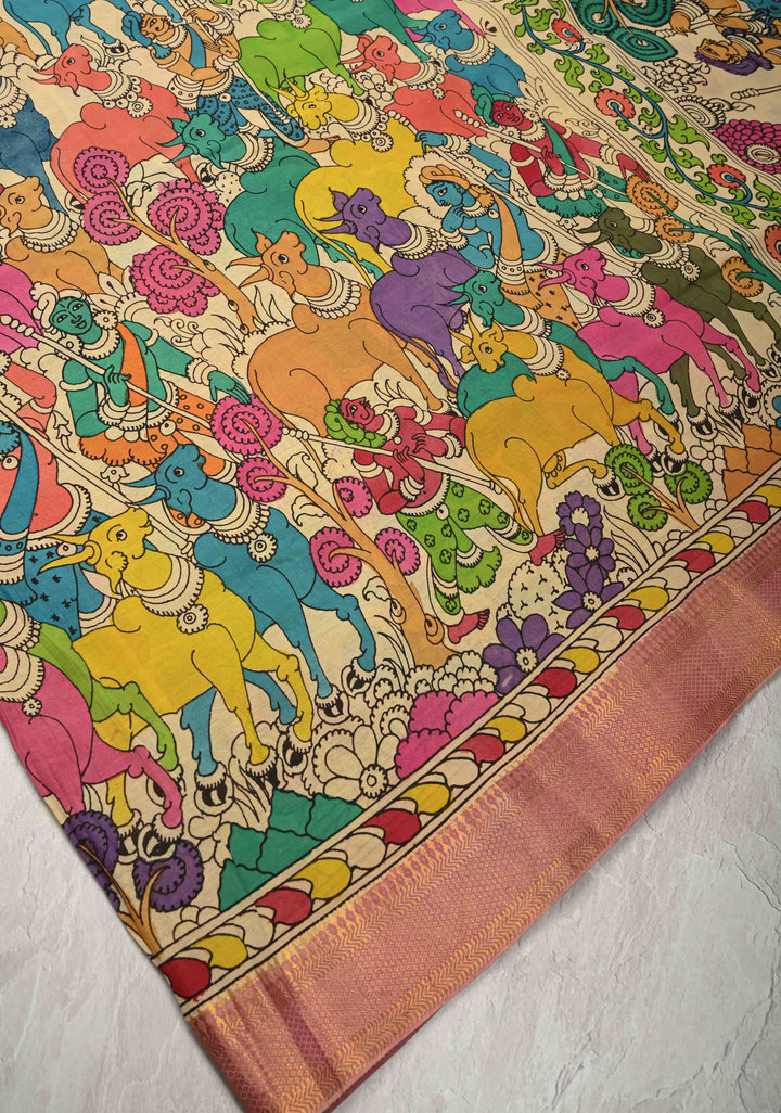 Krishna-Balraam and Pichwai Theme : Authentic Pen Kalamkari on Pure Mangalagiri Silk Cotton Saree with Zari Borders