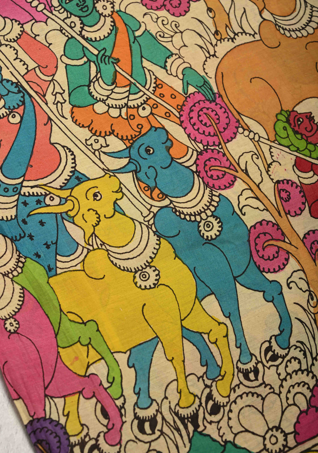Krishna-Balraam and Pichwai Theme : Authentic Pen Kalamkari on Pure Mangalagiri Silk Cotton Saree with Zari Borders