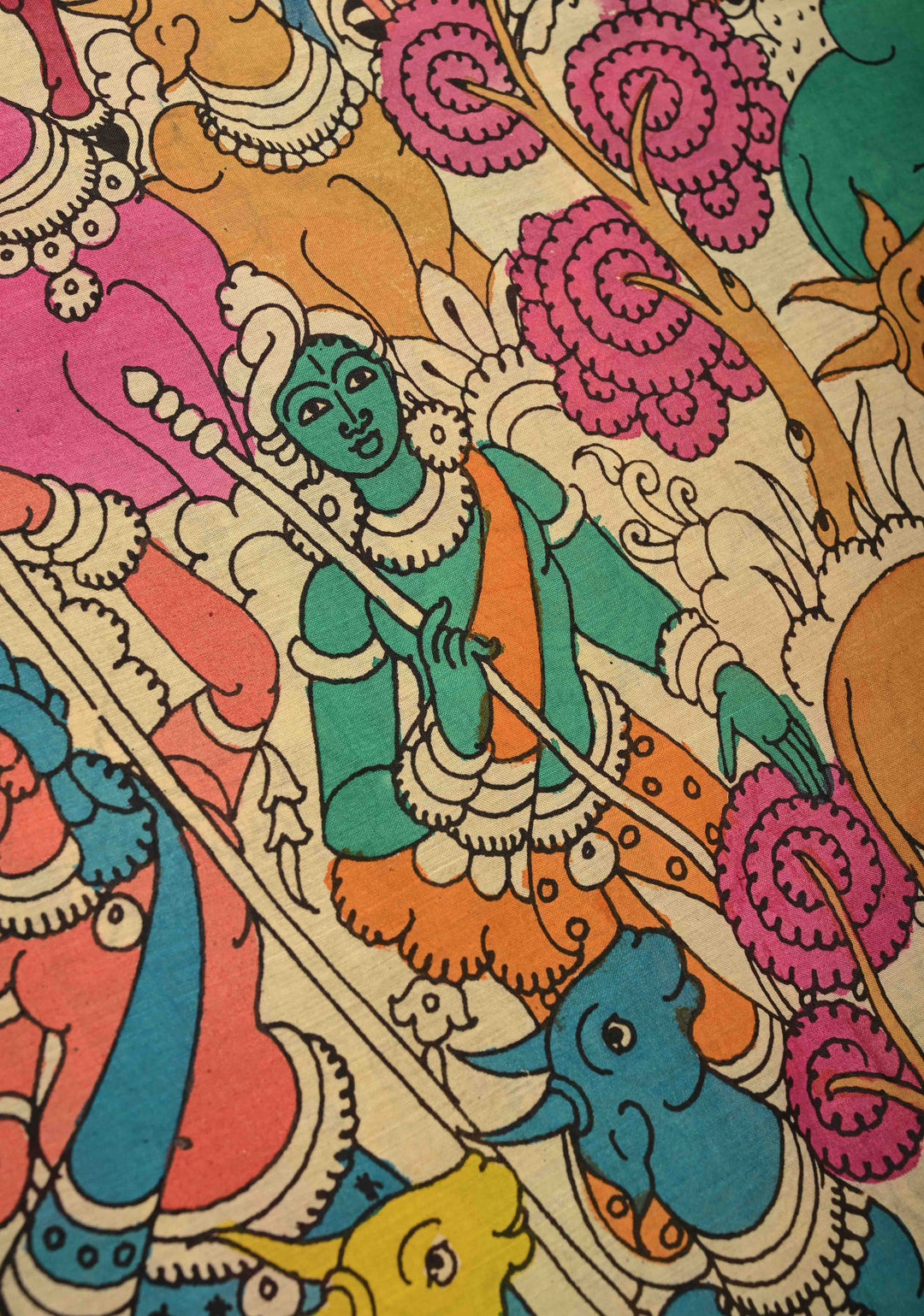 Krishna-Balraam and Pichwai Theme : Authentic Pen Kalamkari on Pure Mangalagiri Silk Cotton Saree with Zari Borders