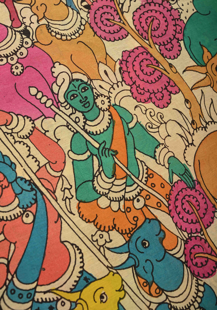 Krishna-Balraam and Pichwai Theme : Authentic Pen Kalamkari on Pure Mangalagiri Silk Cotton Saree with Zari Borders