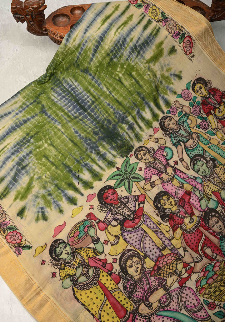Shibori Kalamkari fusion Hand Shibori Authentic Pen Kalamkari on Mangalagiri Silk Cotton Fusion Saree with Zari Borders
