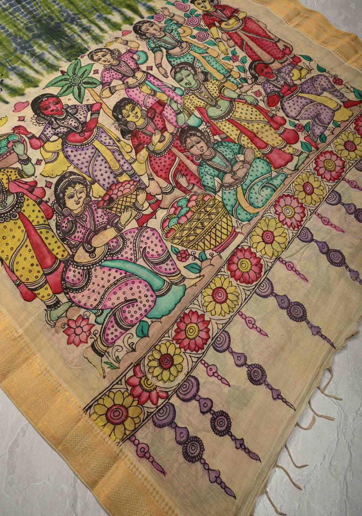 Shibori Kalamkari fusion Hand Shibori Authentic Pen Kalamkari on Mangalagiri Silk Cotton Fusion Saree with Zari Borders