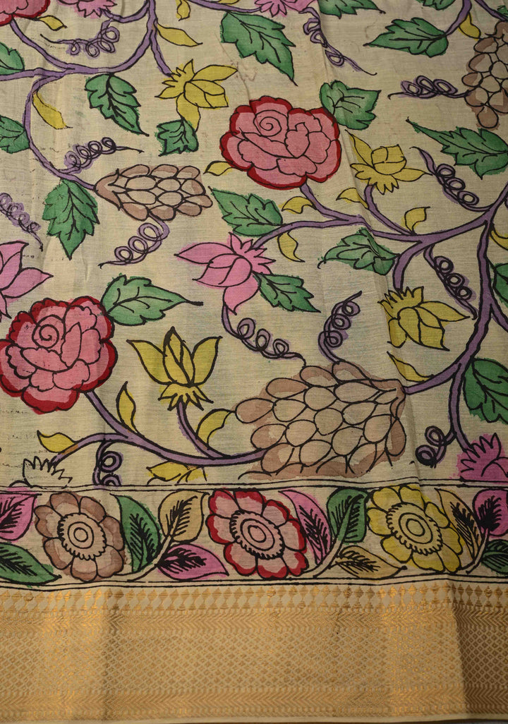 Shibori Kalamkari fusion Hand Shibori Authentic Pen Kalamkari on Mangalagiri Silk Cotton Fusion Saree with Zari Borders