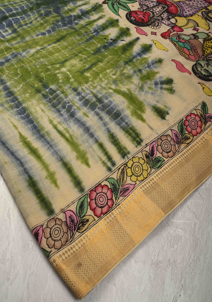 Shibori Kalamkari fusion Hand Shibori Authentic Pen Kalamkari on Mangalagiri Silk Cotton Fusion Saree with Zari Borders