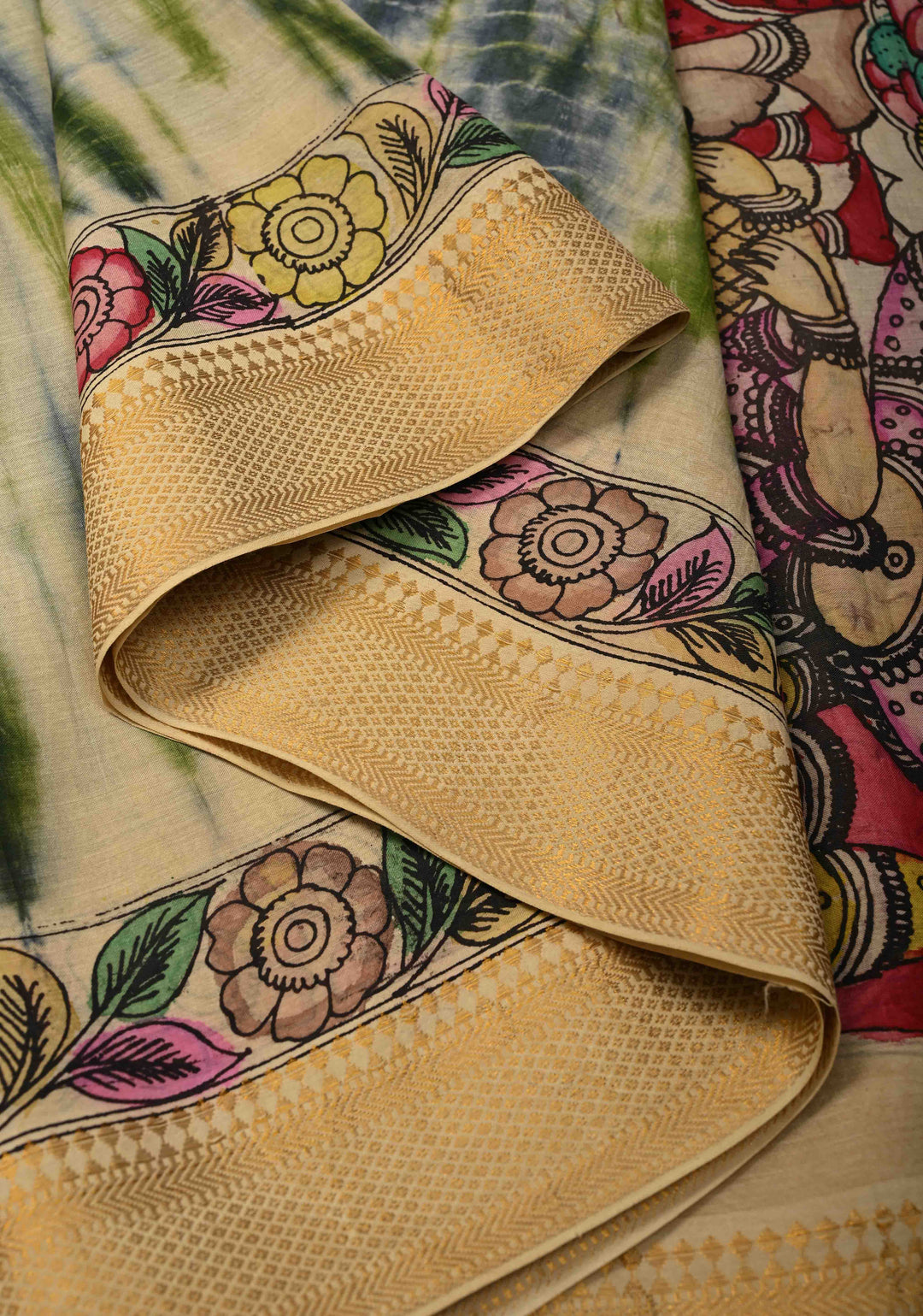 Shibori Kalamkari fusion Hand Shibori Authentic Pen Kalamkari on Mangalagiri Silk Cotton Fusion Saree with Zari Borders