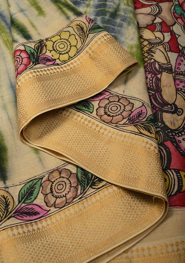 Shibori Kalamkari fusion Hand Shibori Authentic Pen Kalamkari on Mangalagiri Silk Cotton Fusion Saree with Zari Borders