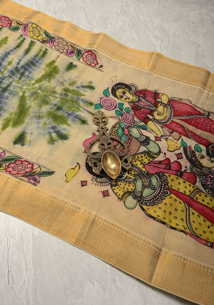 Shibori Kalamkari fusion Hand Shibori Authentic Pen Kalamkari on Mangalagiri Silk Cotton Fusion Saree with Zari Borders