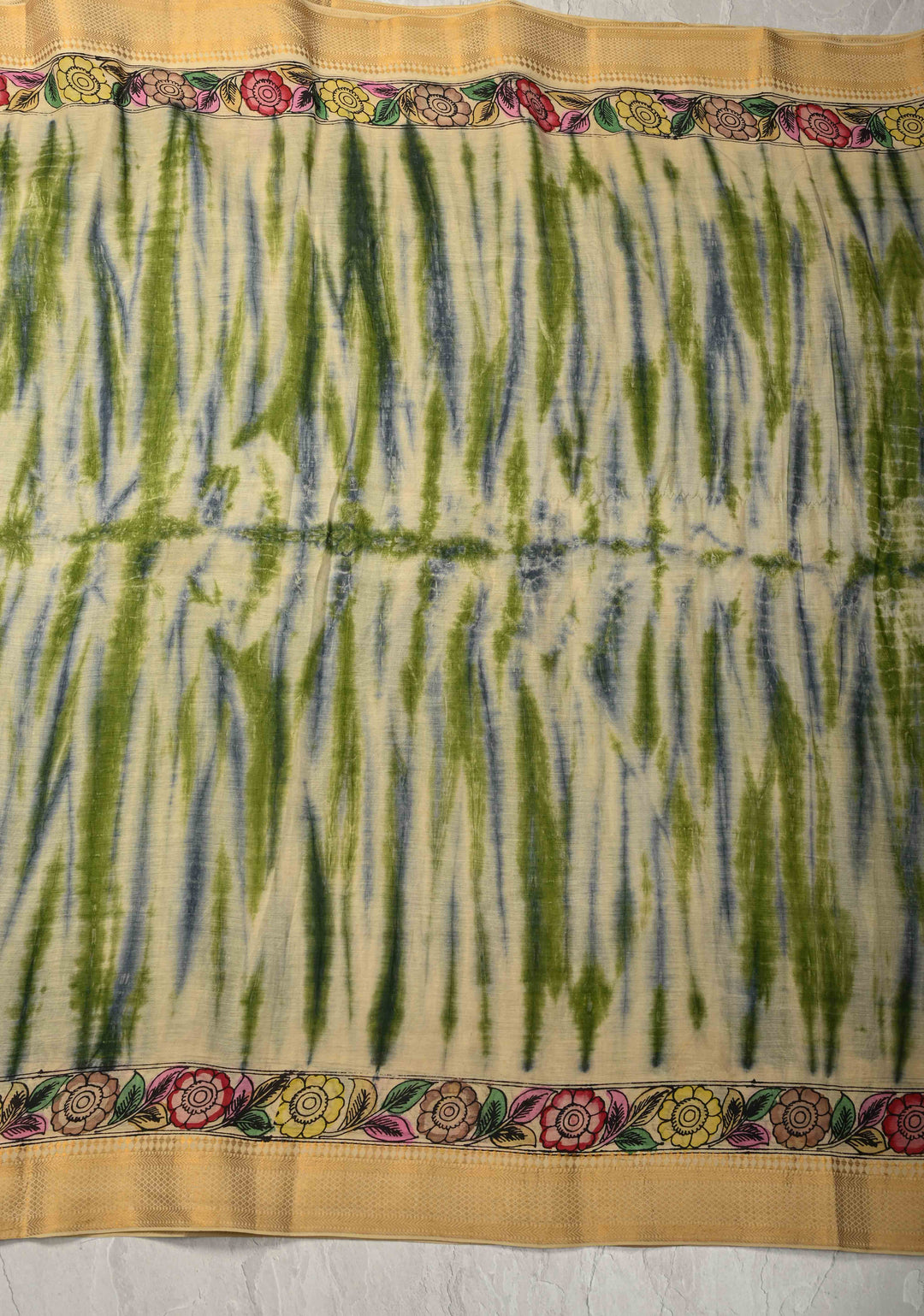 Shibori Kalamkari fusion Hand Shibori Authentic Pen Kalamkari on Mangalagiri Silk Cotton Fusion Saree with Zari Borders