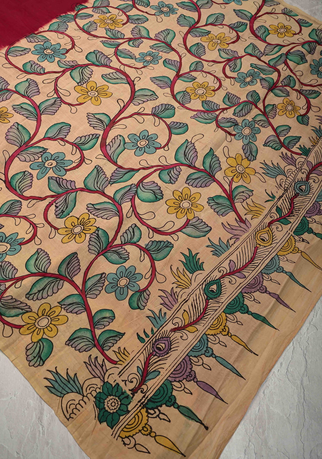 Maroon Authentic Pen kalamkari on Pure Chennuri Silk Saree with Floral Border