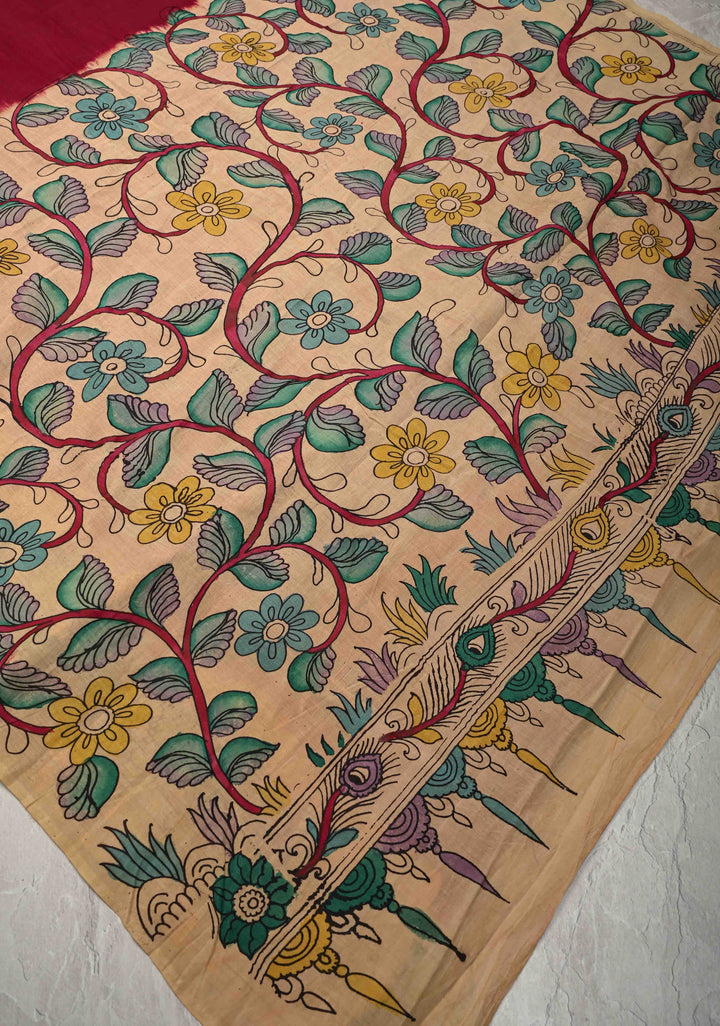 Maroon Authentic Pen kalamkari on Pure Chennuri Silk Saree with Floral Border