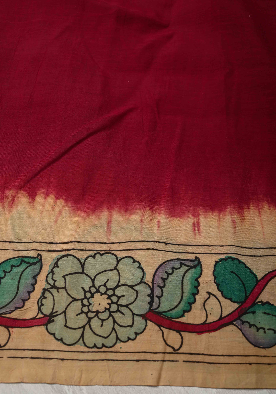 Maroon Authentic Pen kalamkari on Pure Chennuri Silk Saree with Floral Border