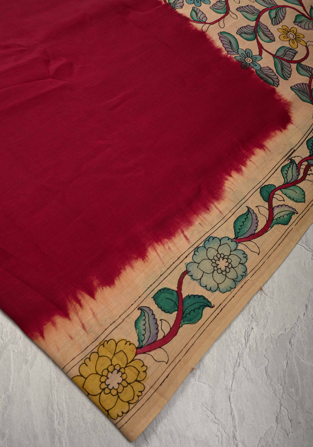 Maroon Authentic Pen kalamkari on Pure Chennuri Silk Saree with Floral Border