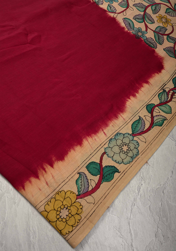 Maroon Authentic Pen kalamkari on Pure Chennuri Silk Saree with Floral Border