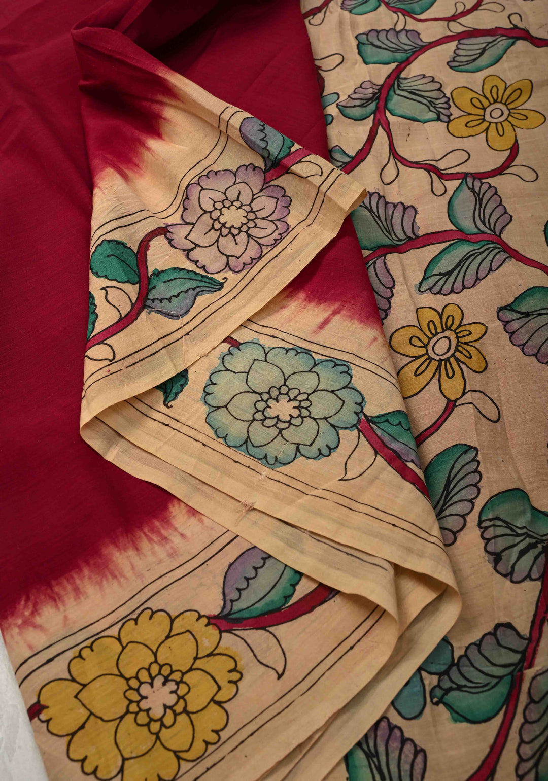 Maroon Authentic Pen kalamkari on Pure Chennuri Silk Saree with Floral Border