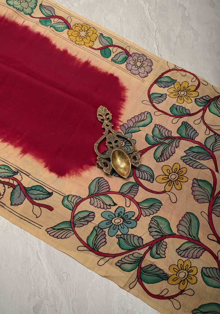 Maroon Authentic Pen kalamkari on Pure Chennuri Silk Saree with Floral Border