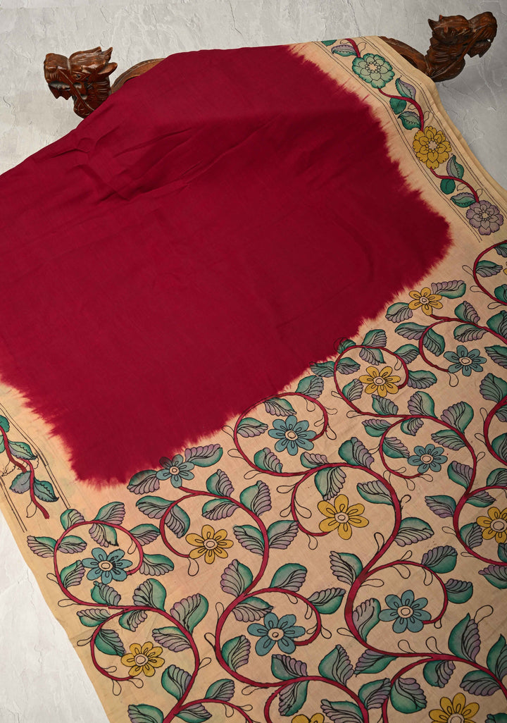 Maroon Authentic Pen kalamkari on Pure Chennuri Silk Saree with Floral Border