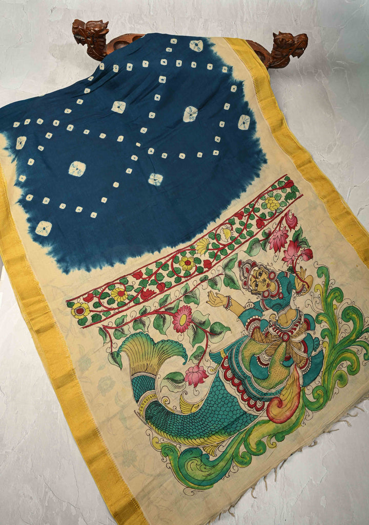 Bandhini Pen Kalamkari Fusion on Mangalagiri Silk Cotton Fusion Saree with Zari Borders and Mermaid pallu