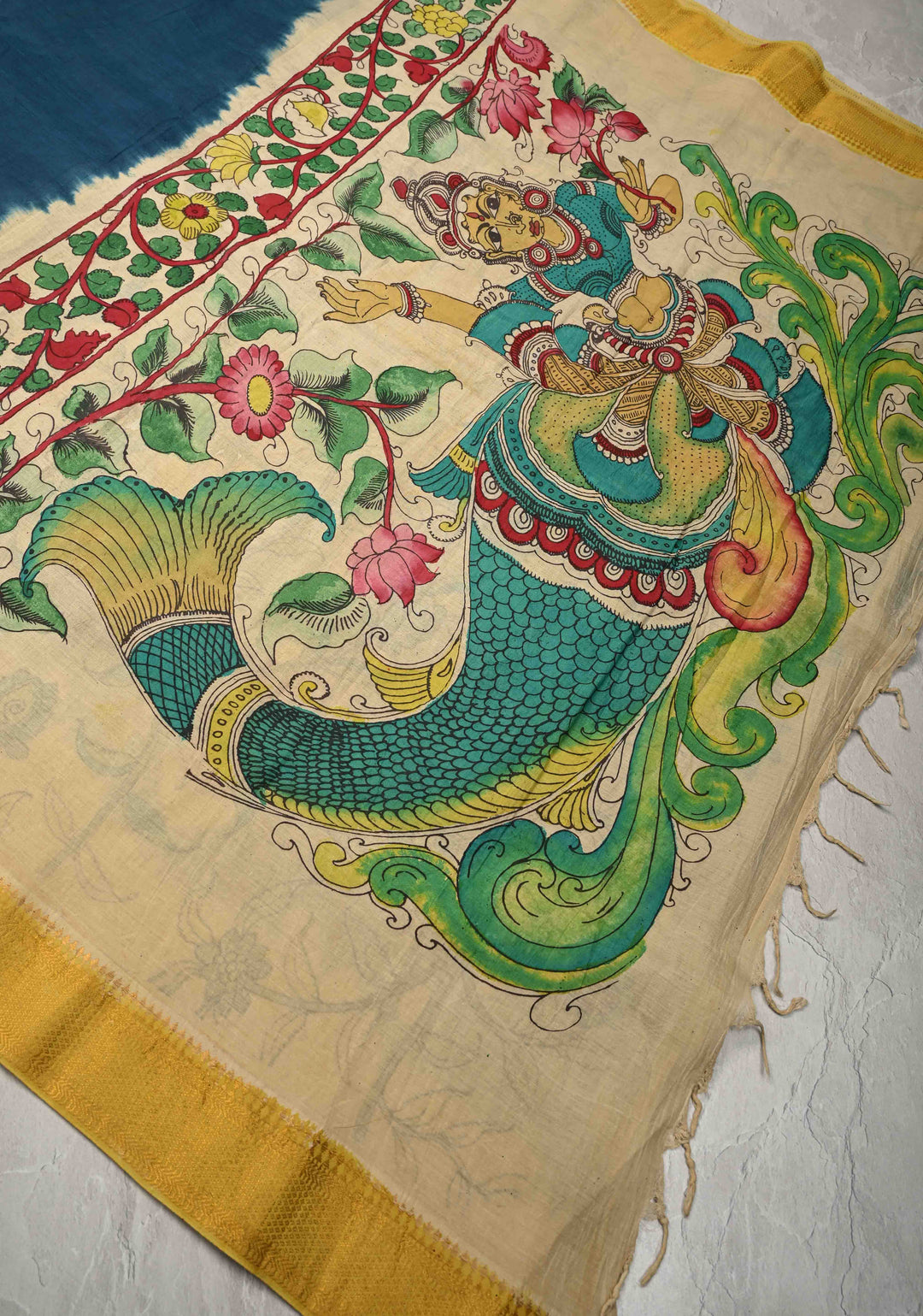 Bandhini Pen Kalamkari Fusion on Mangalagiri Silk Cotton Fusion Saree with Zari Borders and Mermaid pallu