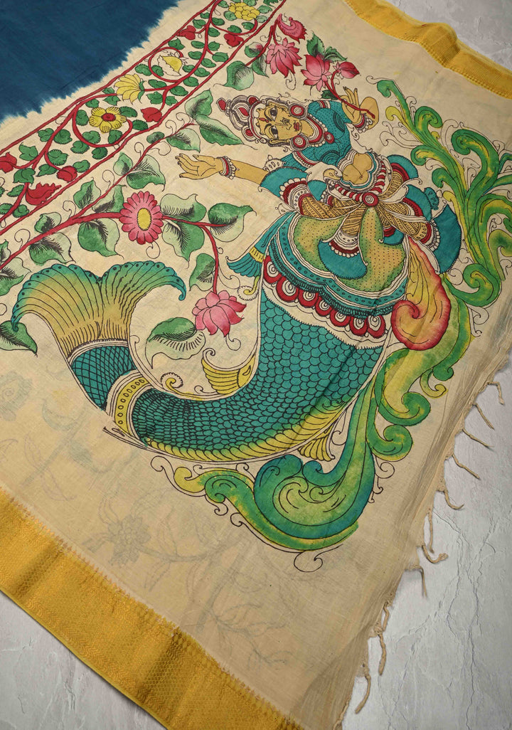 Bandhini Pen Kalamkari Fusion on Mangalagiri Silk Cotton Fusion Saree with Zari Borders and Mermaid pallu
