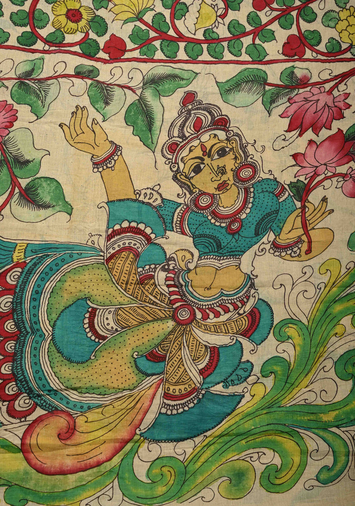 Bandhini Pen Kalamkari Fusion on Mangalagiri Silk Cotton Fusion Saree with Zari Borders and Mermaid pallu