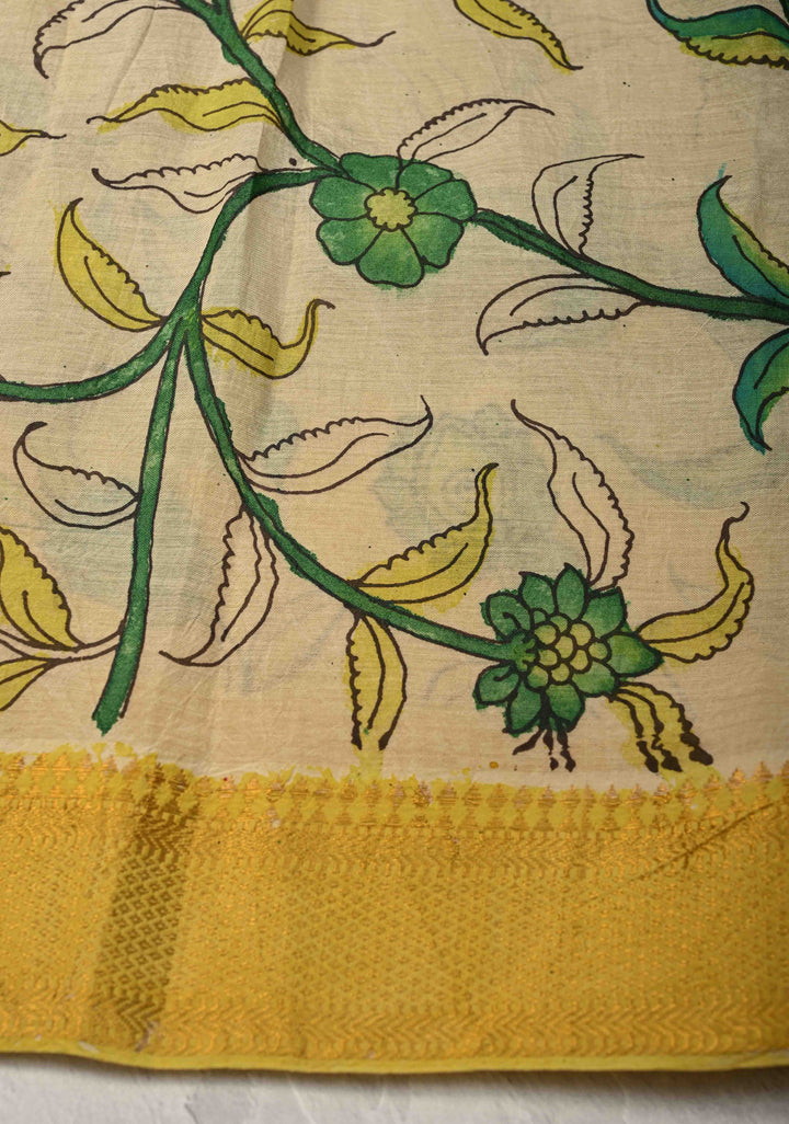 Bandhini Pen Kalamkari Fusion on Mangalagiri Silk Cotton Fusion Saree with Zari Borders and Mermaid pallu