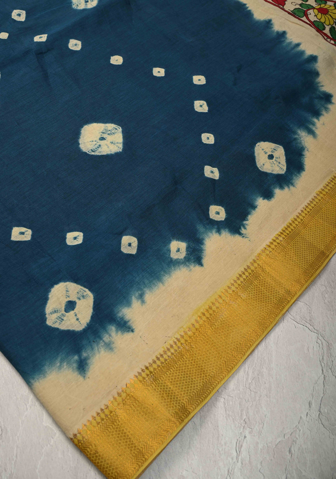 Bandhini Pen Kalamkari Fusion on Mangalagiri Silk Cotton Fusion Saree with Zari Borders and Mermaid pallu