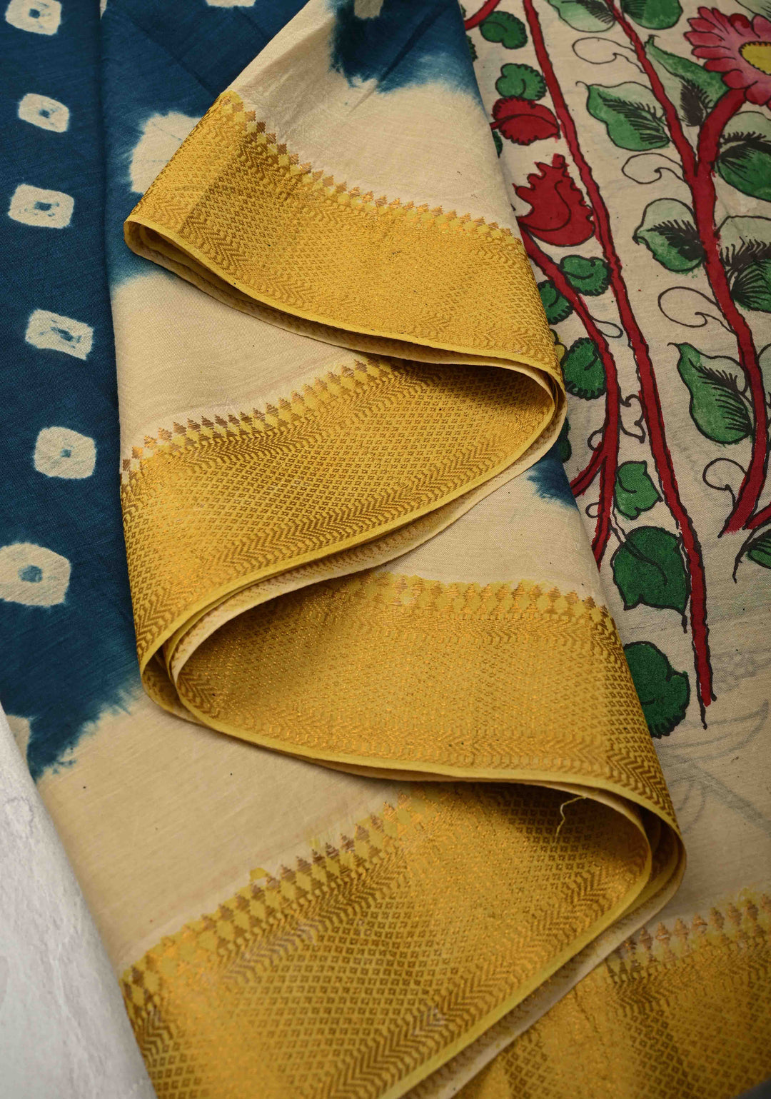 Bandhini Pen Kalamkari Fusion on Mangalagiri Silk Cotton Fusion Saree with Zari Borders and Mermaid pallu