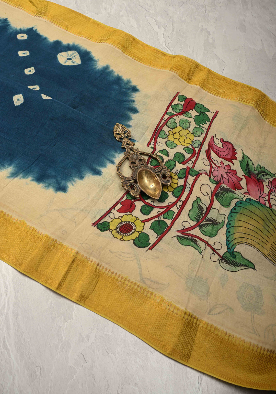 Bandhini Pen Kalamkari Fusion on Mangalagiri Silk Cotton Fusion Saree with Zari Borders and Mermaid pallu