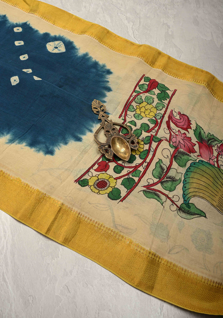 Bandhini Pen Kalamkari Fusion on Mangalagiri Silk Cotton Fusion Saree with Zari Borders and Mermaid pallu