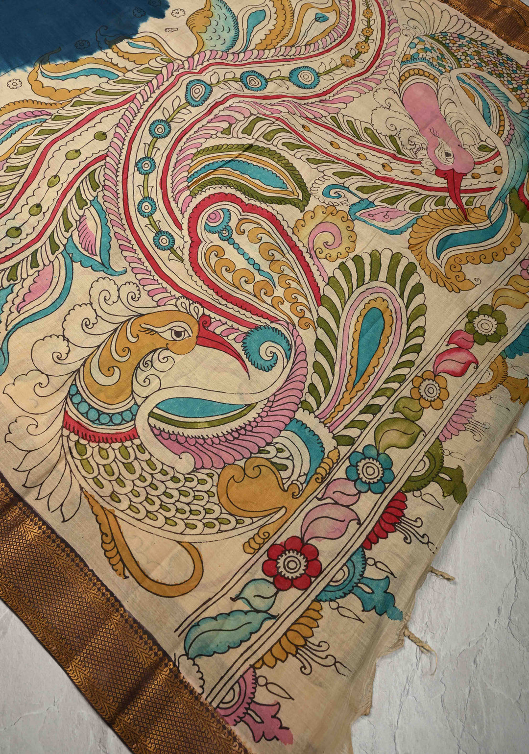 Peacock Theme on Pallu : Prussian Blue Bandhini Authentic Pen Kalamkari Fusion Saree on Mangalagiri Silk Cotton with Zari Borders