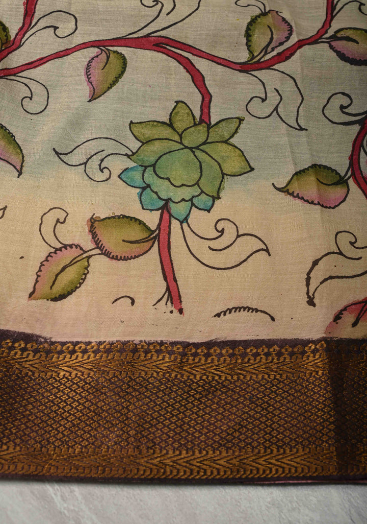 Peacock Theme on Pallu : Prussian Blue Bandhini Authentic Pen Kalamkari Fusion Saree on Mangalagiri Silk Cotton with Zari Borders