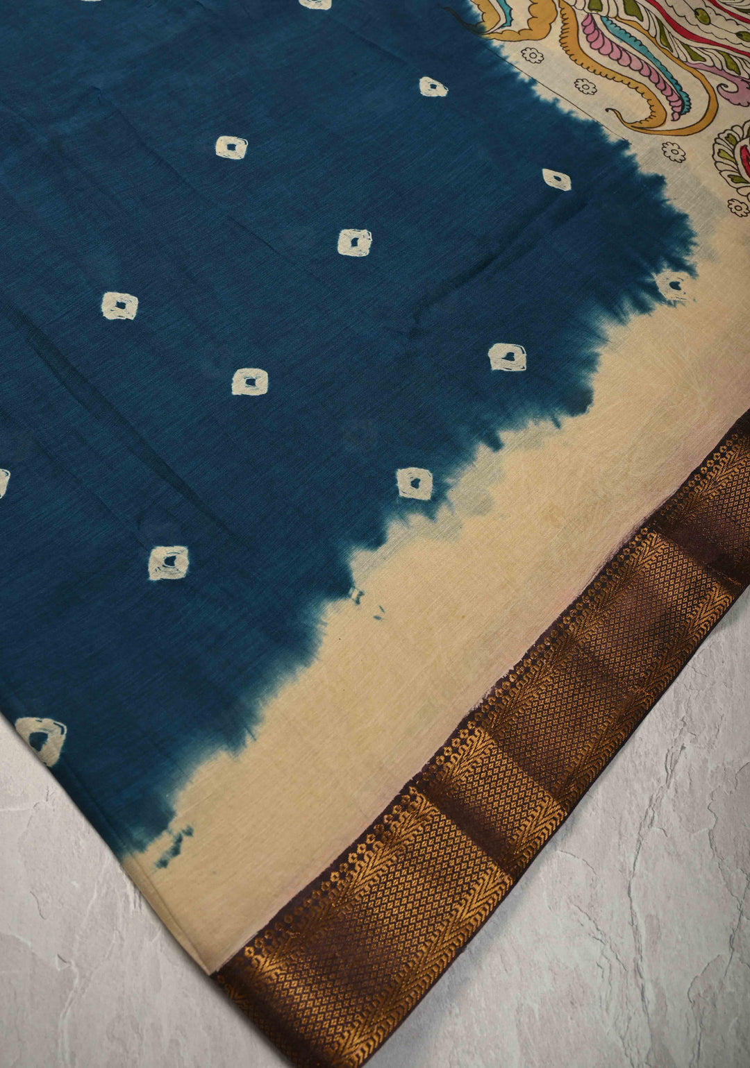 Peacock Theme on Pallu : Prussian Blue Bandhini Authentic Pen Kalamkari Fusion Saree on Mangalagiri Silk Cotton with Zari Borders