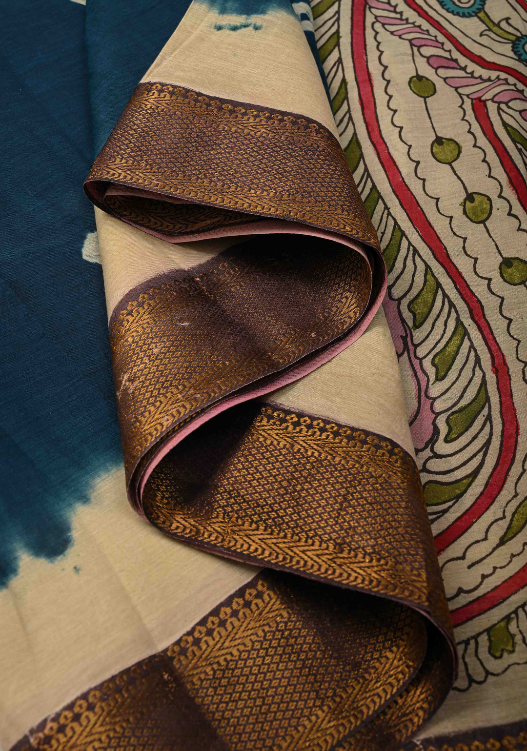 Peacock Theme on Pallu : Prussian Blue Bandhini Authentic Pen Kalamkari Fusion Saree on Mangalagiri Silk Cotton with Zari Borders