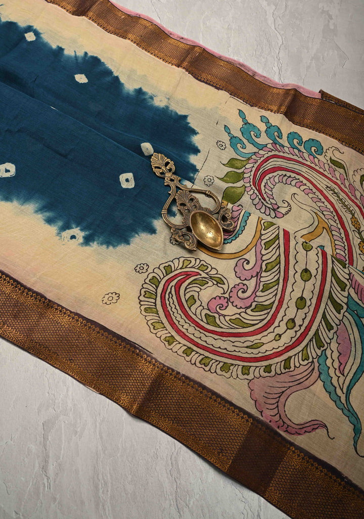 Peacock Theme on Pallu : Prussian Blue Bandhini Authentic Pen Kalamkari Fusion Saree on Mangalagiri Silk Cotton with Zari Borders