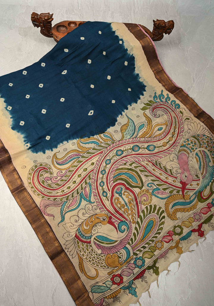 Peacock Theme on Pallu : Prussian Blue Bandhini Authentic Pen Kalamkari Fusion Saree on Mangalagiri Silk Cotton with Zari Borders