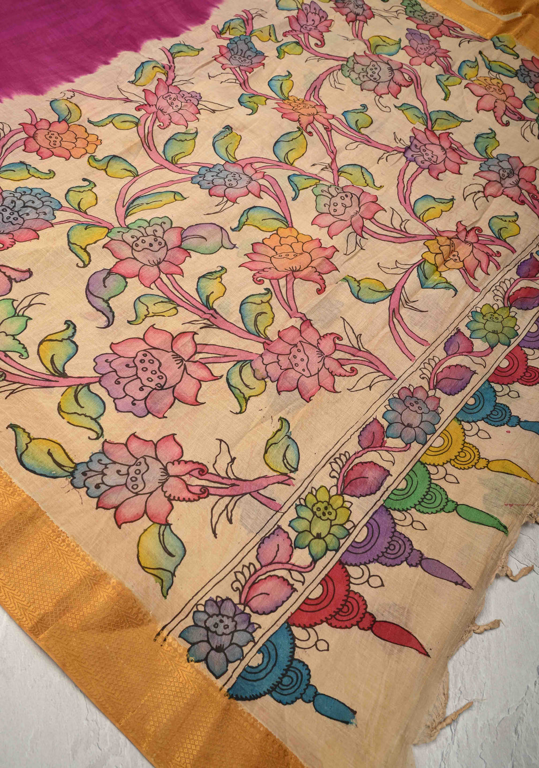Pre-Order Floral Theme : Bandhini Magenta Authentic Pen Kalamkari on Mangalagiri Silk Cotton Fusion Saree with Zari Borders