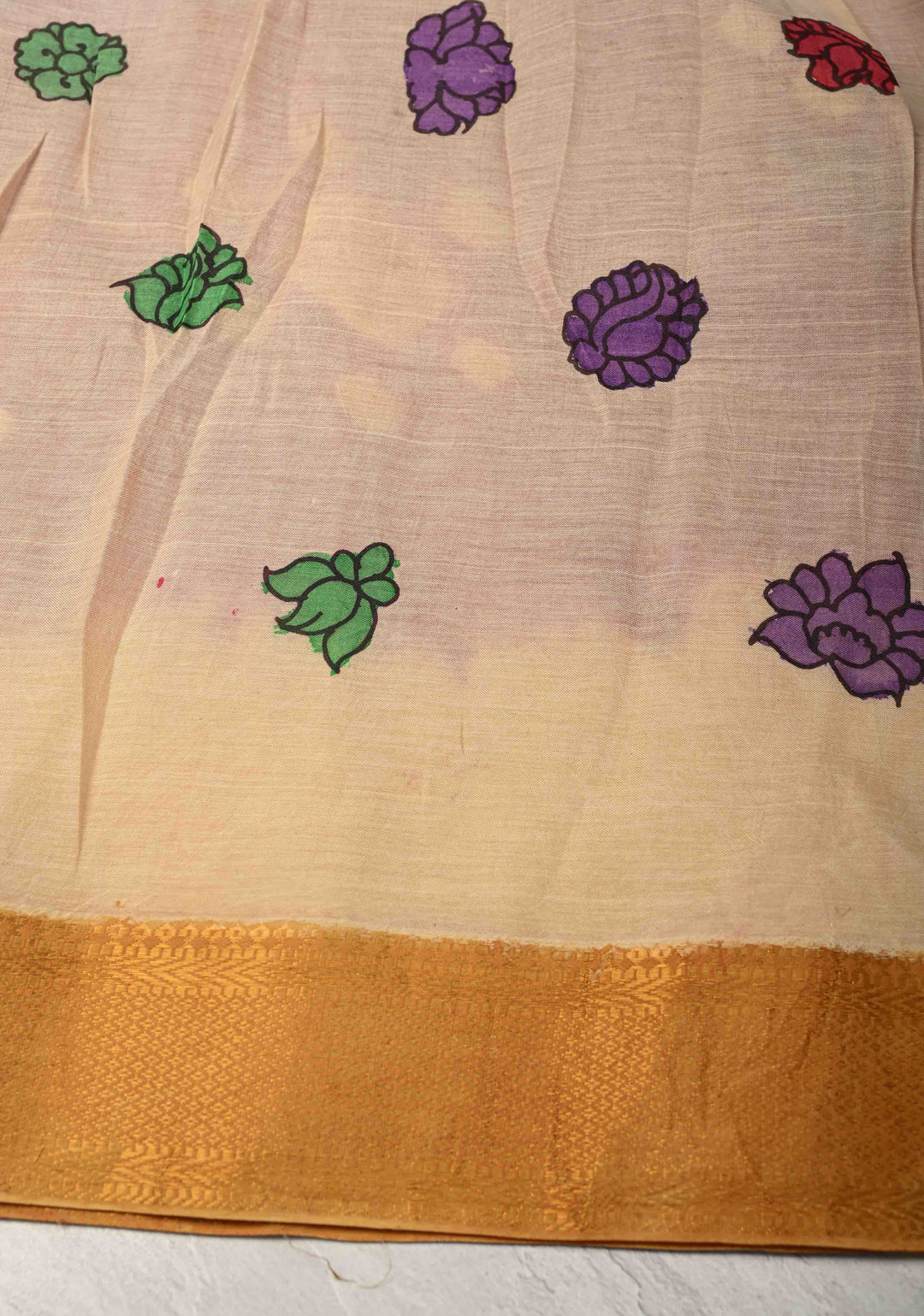 Pre-Order Floral Theme : Bandhini Magenta Authentic Pen Kalamkari on Mangalagiri Silk Cotton Fusion Saree with Zari Borders