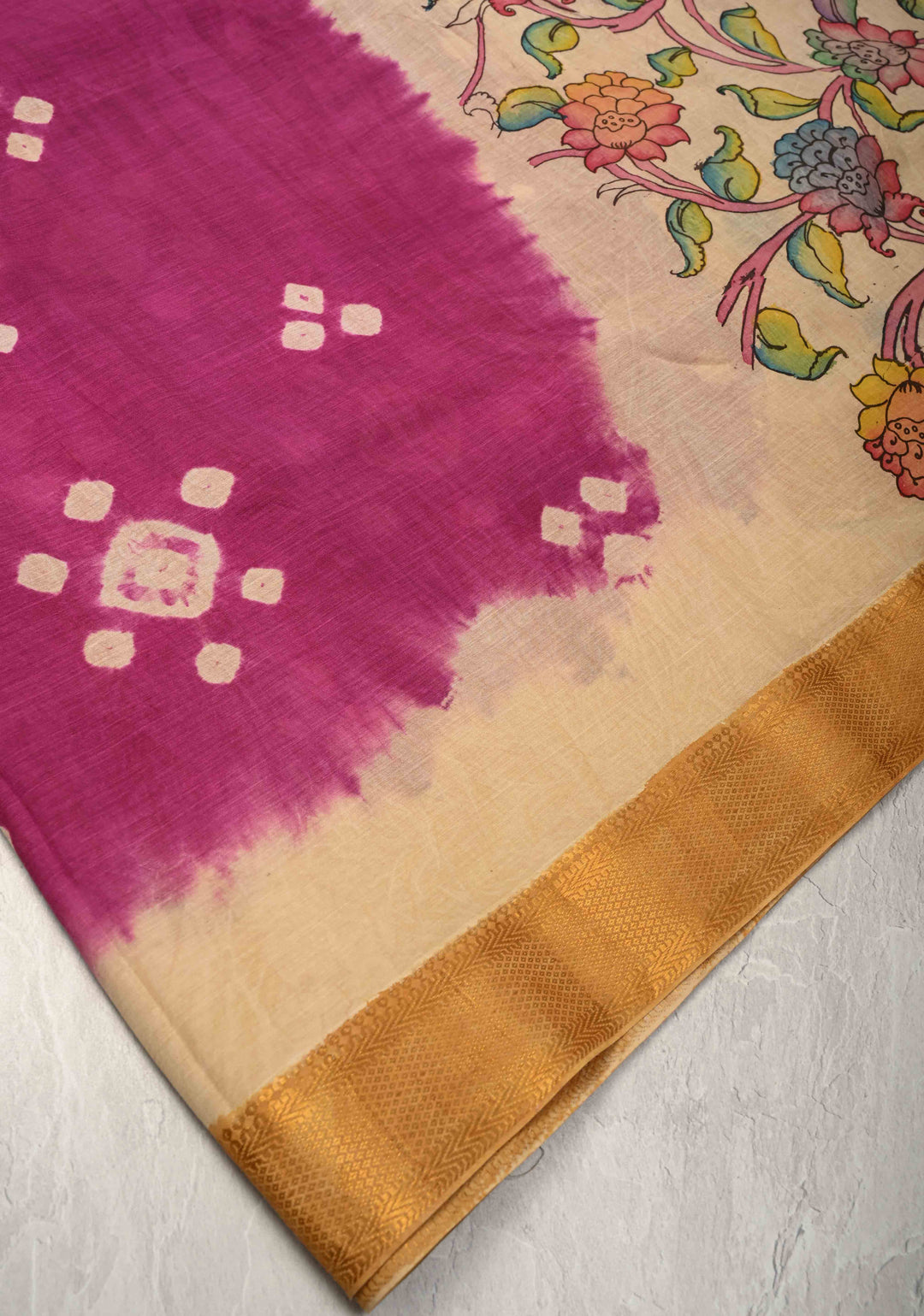 Pre-Order Floral Theme : Bandhini Magenta Authentic Pen Kalamkari on Mangalagiri Silk Cotton Fusion Saree with Zari Borders