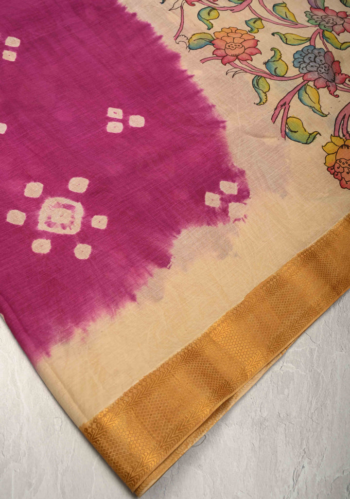 Pre-Order Floral Theme : Bandhini Magenta Authentic Pen Kalamkari on Mangalagiri Silk Cotton Fusion Saree with Zari Borders