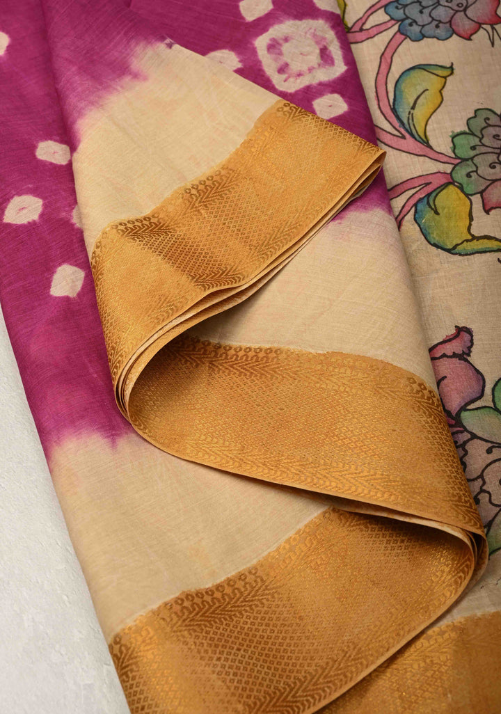 Pre-Order Floral Theme : Bandhini Magenta Authentic Pen Kalamkari on Mangalagiri Silk Cotton Fusion Saree with Zari Borders