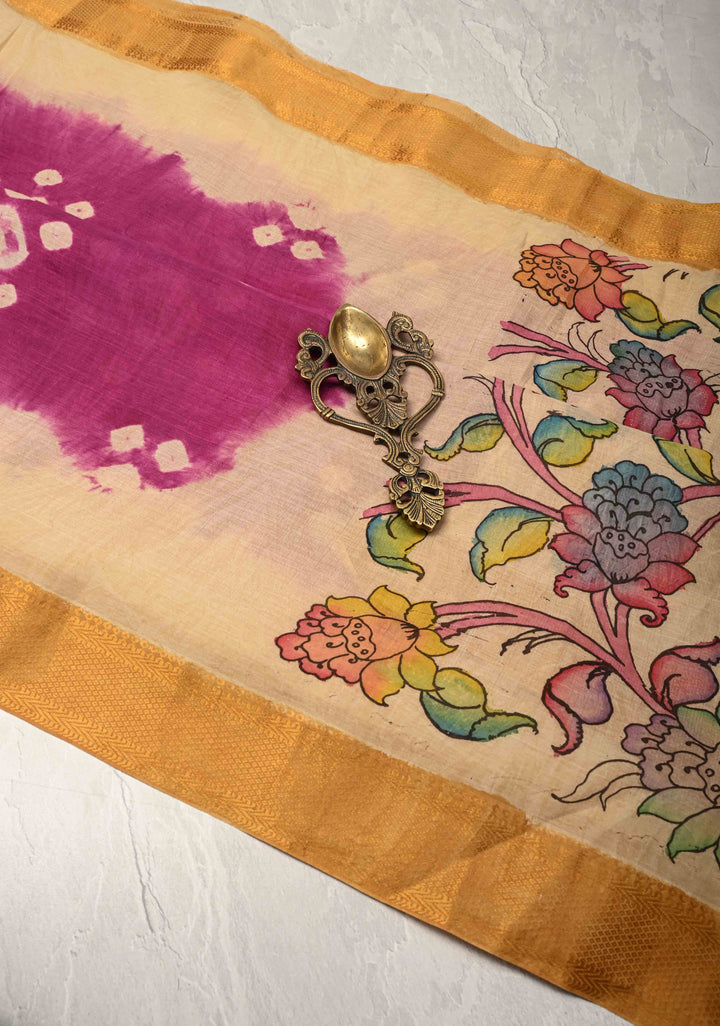 Pre-Order Floral Theme : Bandhini Magenta Authentic Pen Kalamkari on Mangalagiri Silk Cotton Fusion Saree with Zari Borders