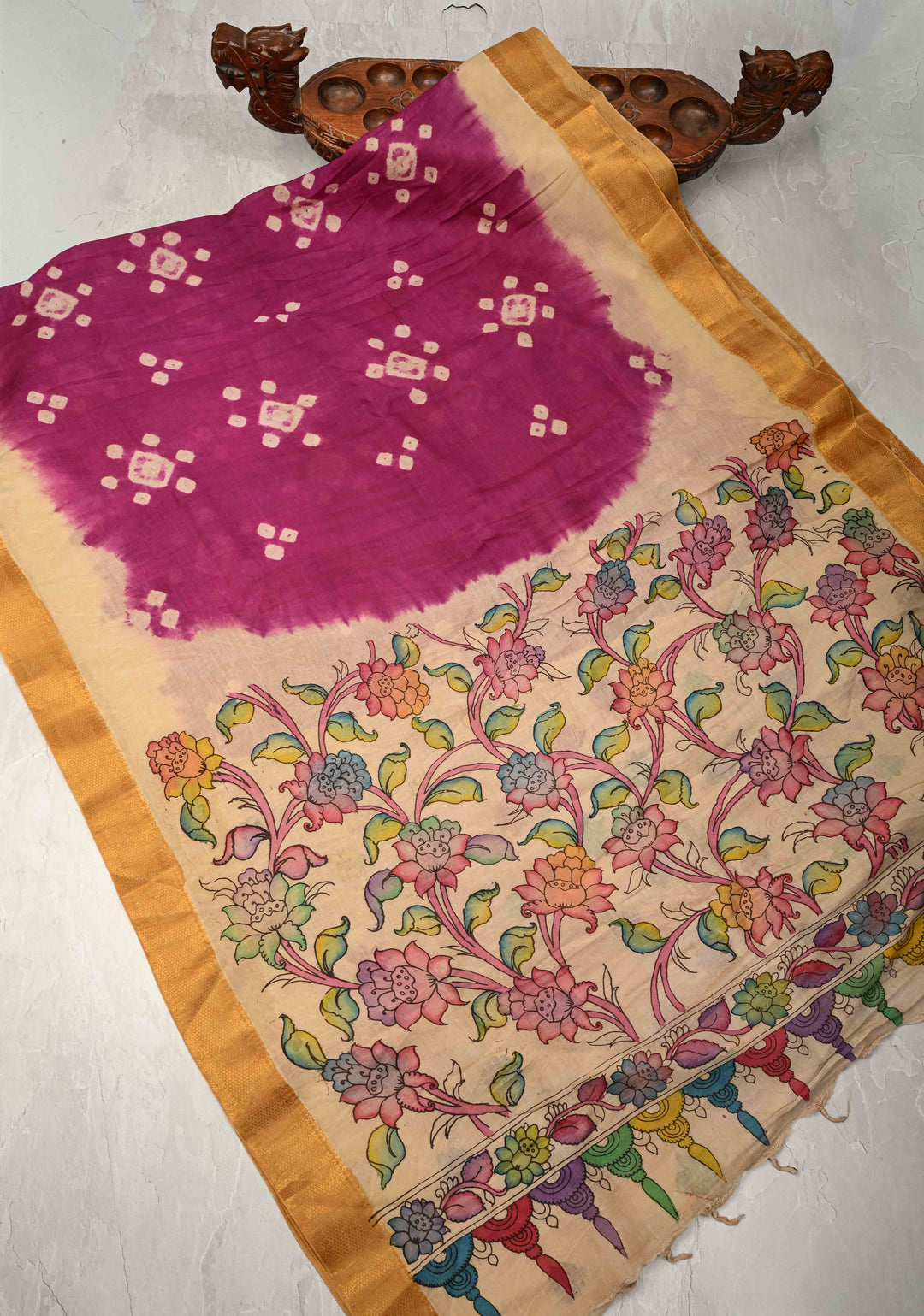 Pre-Order Floral Theme : Bandhini Magenta Authentic Pen Kalamkari on Mangalagiri Silk Cotton Fusion Saree with Zari Borders