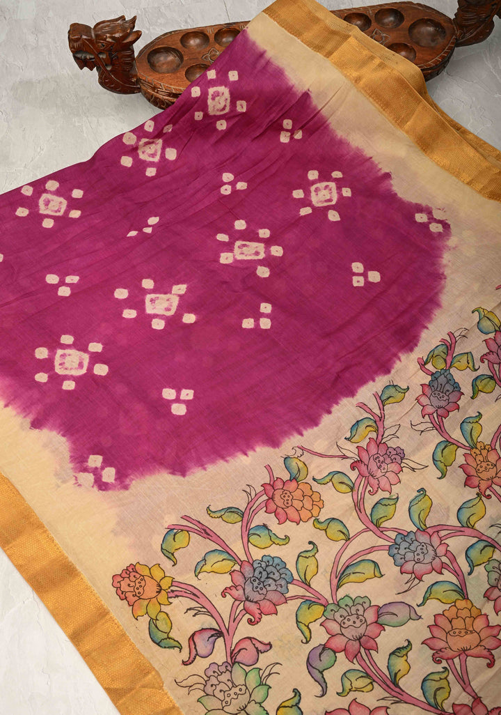 Pre-Order Floral Theme : Bandhini Magenta Authentic Pen Kalamkari on Mangalagiri Silk Cotton Fusion Saree with Zari Borders