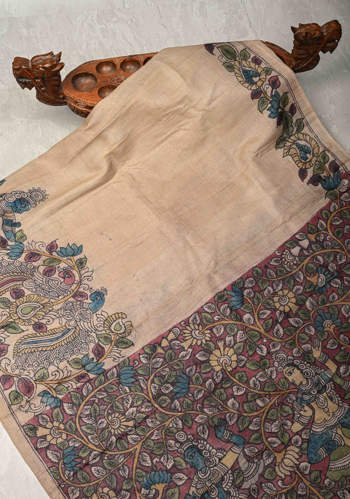 Apsara and Peacock Theme : Authentic Pen Kalamkari on Pure Tussar Silk Saree | SILK MARK CERTIFIED