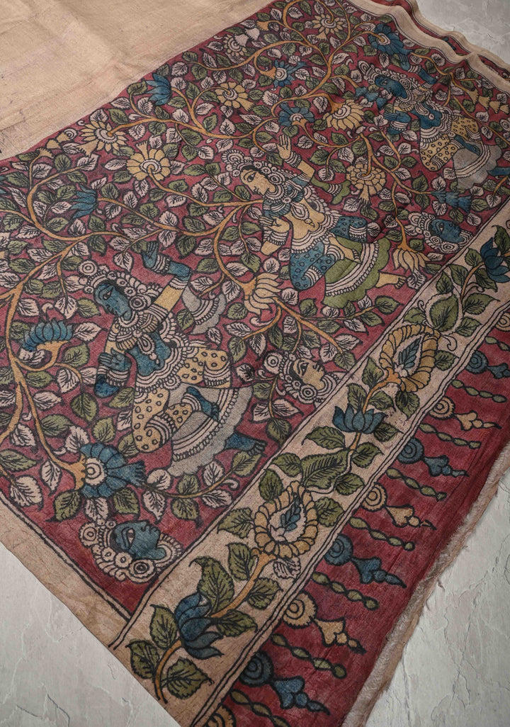 Apsara and Peacock Theme : Authentic Pen Kalamkari on Pure Tussar Silk Saree | SILK MARK CERTIFIED