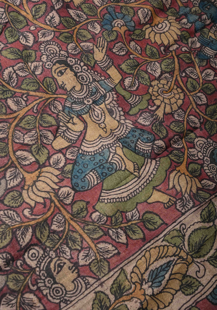 Apsara and Peacock Theme : Authentic Pen Kalamkari on Pure Tussar Silk Saree | SILK MARK CERTIFIED