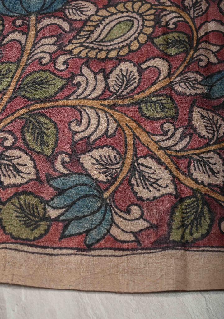 Apsara and Peacock Theme : Authentic Pen Kalamkari on Pure Tussar Silk Saree | SILK MARK CERTIFIED