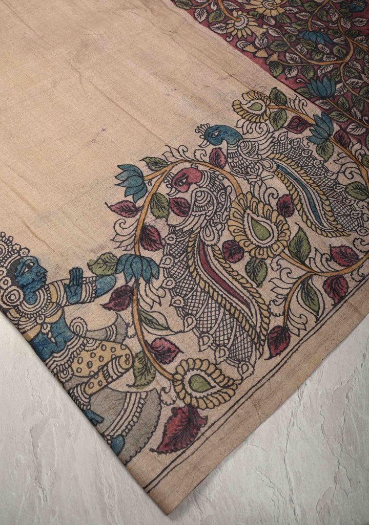 Apsara and Peacock Theme : Authentic Pen Kalamkari on Pure Tussar Silk Saree | SILK MARK CERTIFIED