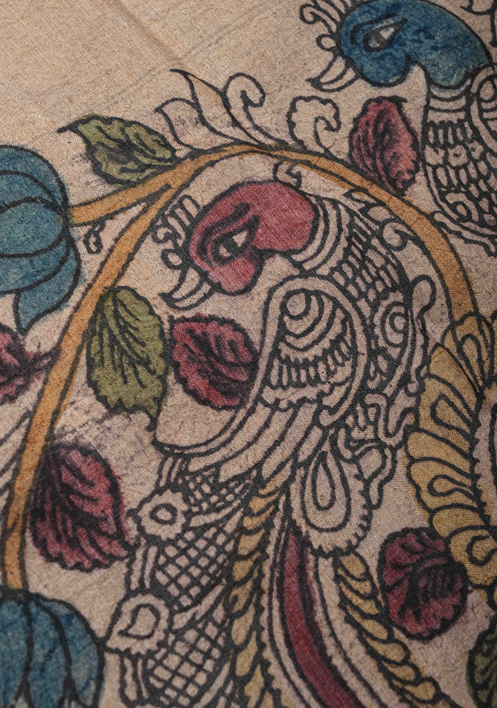 Apsara and Peacock Theme : Authentic Pen Kalamkari on Pure Tussar Silk Saree | SILK MARK CERTIFIED